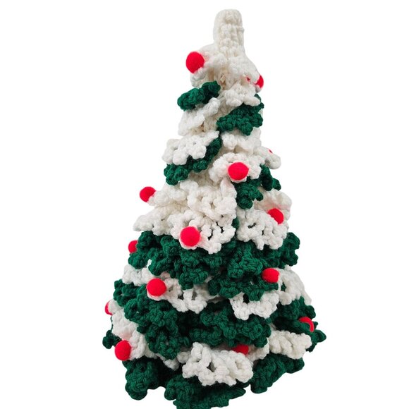Vintage Crochet Christmas Tree Gree White Yarn Hand Crafted Tree Topper Decor - Picture 4 of 10